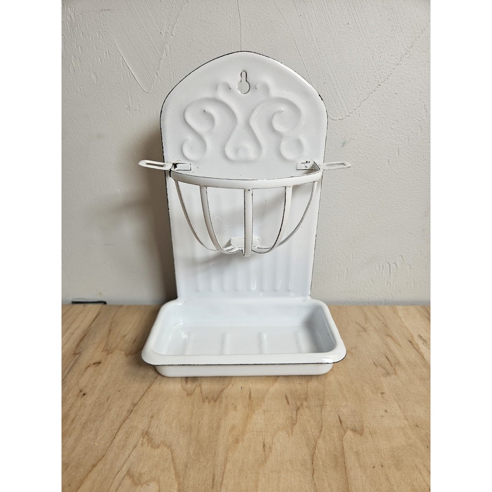 Vintage White Enamelware Wall Mount Soap Dish Holder Wire Basket Farmhouse Decor